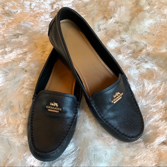 Coach Shoes - COACH Black Leather With Gold Logo Loafers
